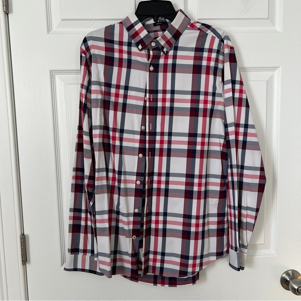Express Men's Plaid Button-Down Shirt in White, Red & Navy